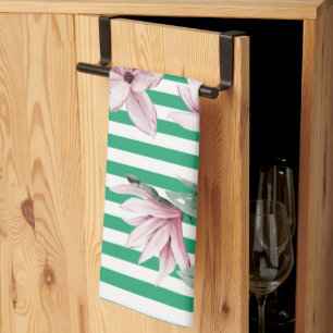 Linge De Cuisine Été, printemps, imprimé magnolia rayé vert