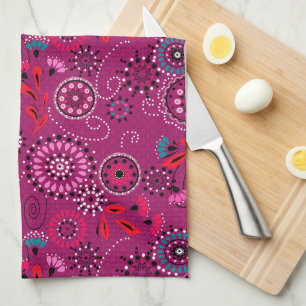 Linge De Cuisine Ethnique folk abstrait motif floral rétro cramson