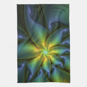 Linge De Cuisine Étoile abstraite, art fractal doré bleu vert brill