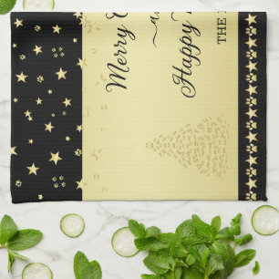 Linge De Cuisine Etoiles de Noël brillantes or, pattes sur or et no