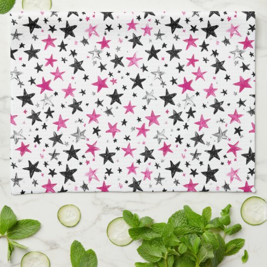 Linge De Cuisine Étoiles Noir Argent Rose (Plié)