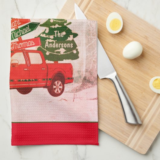 Linge De Cuisine Famille de Camions Rouge et Vert Joyeux Noël Vinta (Quart Plié)