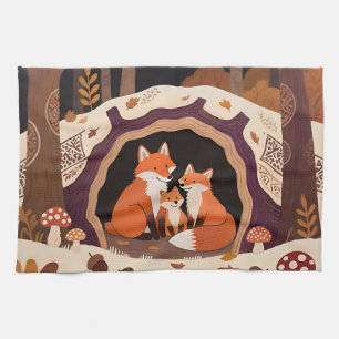 Linge De Cuisine Famille de renards dans une tanière forestière aut
