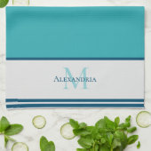 Linge De Cuisine Famille monogramme moderne bleu turquoise (Plié)