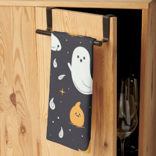 Linge De Cuisine Fantômes Blancs et Dorés Étoiles Noir Halloween
