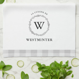 Linge De Cuisine Farmhouse Wreath Grey Check Famille personnalisée