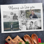 Linge De Cuisine Father with Kids and Family Dad Photo Collage<br><div class="desc">Père avec Enfants et Famille Papa Photo Collage serviette de cuisine. Collage de 6 photos, nom et message doux dans un script branché et noms d'enfants qui superposent les photos. Ajoutez vos 6 photos de famille préférées et personnalisez avec vos noms. Grand gardien et un cadeau pour l'anniversaire, la fête...</div>