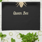 Linge De Cuisine fausse feuille reine abeille sur noir (Plié)