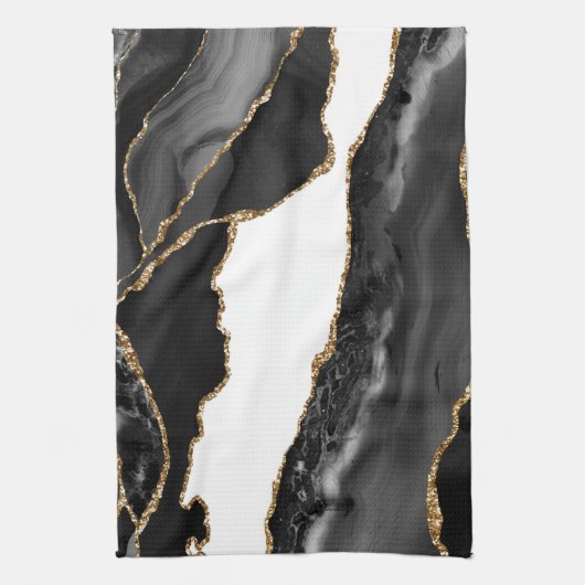 Linge De Cuisine Faux Marblé Agate Black Stone Luxe Or (Vertical)