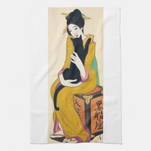 Linge De Cuisine Femme avec le chat noir, Yumeji Takehisa (Vertical)