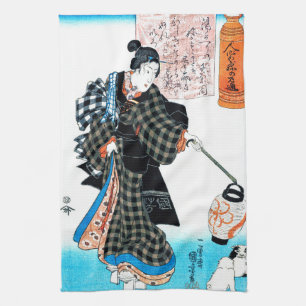Linge De Cuisine Femme japonaise et chiots, Kuniyoshi