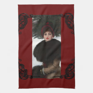 Linge De Cuisine femme victorienne scène hivernale portrait rouge n