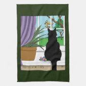 Linge De Cuisine Fenêtre Chat noir regardant dehors (Vertical)