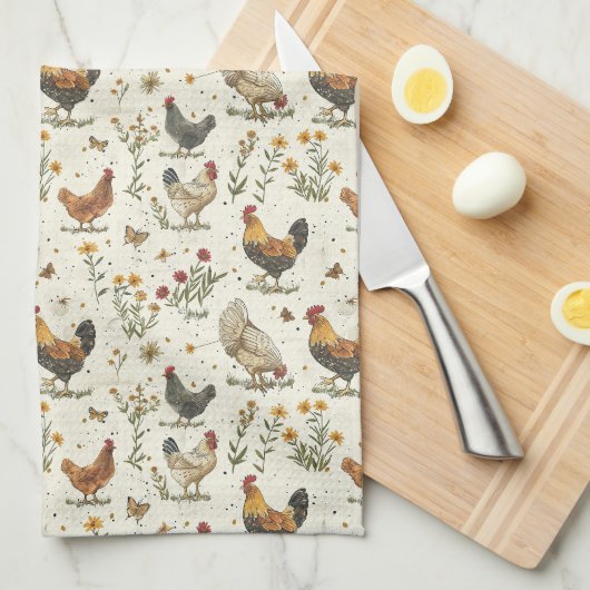 Linge De Cuisine Ferme des poules de coq beige rétro (Quart Plié)