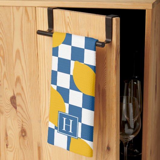 Linge De Cuisine Ferme Rustique Maison Citron Bleu Blanc Monogramme (Pliage en tiers)