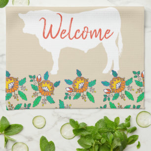Linge De Cuisine Ferme Taureau de vache Silhouette & Fleurs de camp