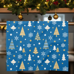 Linge De Cuisine Festif Arbres de Noël Snowflakes Bleu