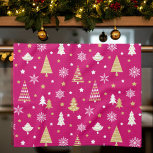 Linge De Cuisine Festif Arbres de Noël Snowflakes Motif rose