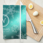 Linge De Cuisine Festif Blue Foil Snowflakes Monogramme Nom (Quart Plié)