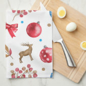 Linge De Cuisine Festif Noël Rouge Bleu Ornements Bows Elks (Quart Plié)