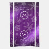 Linge De Cuisine Festif Violet Foil Snowflakes Nom du monogramme (Vertical)