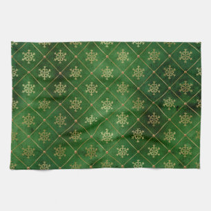 Linge De Cuisine Festive Green et Gold Foil Snowflakes d'hiver