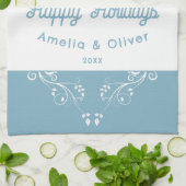 Linge De Cuisine Festive Joyeuses Foliage Blue Couple Photo (Plié)