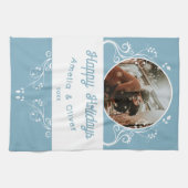 Linge De Cuisine Festive Joyeuses Foliage Blue Couple Photo (Horizontal)