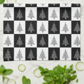 Linge De Cuisine Festive Noir Blanc À damiers arbres de Noël (Plié)
