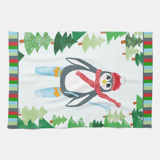 Linge De Cuisine Festive Pingouin Ski Design de Noël (Horizontal)