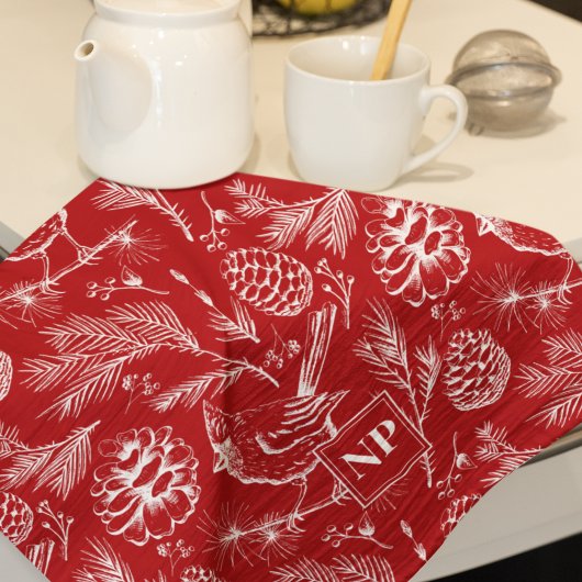 Linge De Cuisine Festive Red Cardinal Bird, pin et baies d'hiver
