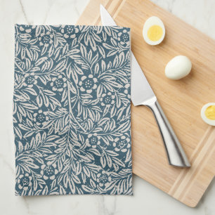 Linge De Cuisine Feuillage à l'ancienne en gras bleu floral blanc