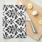 Linge De Cuisine Feuille Damask Grand Motif noir sur blanc (Quart Plié)