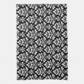 Linge De Cuisine Feuille Damask Patte blanc sur noir (Vertical)