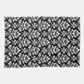 Linge De Cuisine Feuille Damask (v) Motif blanc sur noir (Horizontal)