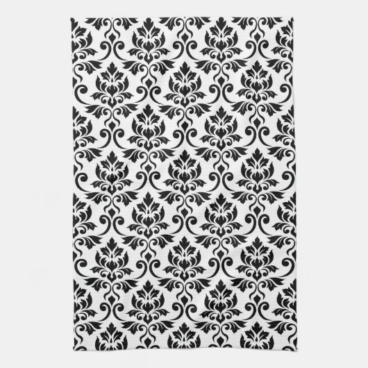 Linge De Cuisine Feuille Damask (v) Motif noir sur blanc (Vertical)