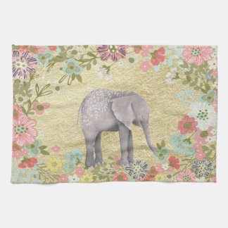 Linge De Cuisine Feuille d'or florale de cadre d'éléphant chic