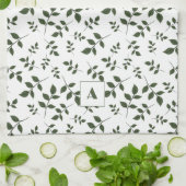 Linge De Cuisine Feuilles à motif vert blanc monogramme (Plié)