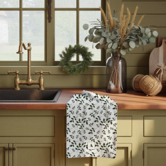 Linge De Cuisine Feuilles à motif vert blanc monogramme
