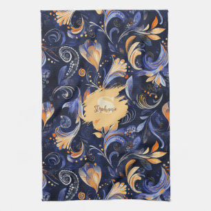 Linge De Cuisine Feuilles Abstraits Paisley bleu et or