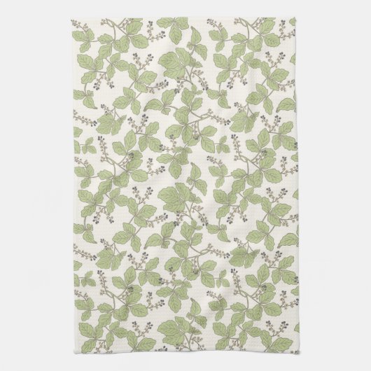 Linge De Cuisine Feuilles botaniques avec fleurs et baies vert (Vertical)