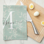 Linge De Cuisine Feuilles botaniques Turquoises modernes Monogramme (Quart Plié)