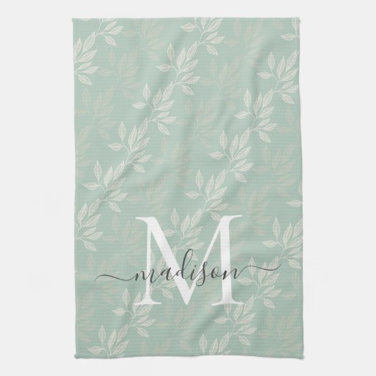 Linge De Cuisine Feuilles botaniques Turquoises modernes Monogramme (Vertical)