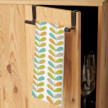 Linge De Cuisine Feuilles colorés sur Plante rétro Motif du milieu<br><div class="desc">Cette fabuleuse serviette de cuisine moderne du milieu du siècle présente un motif de feuilles sur une tige,  en turquoise,  orange,  vert avocat,  bronzé et or sur un arrière - plan blanc. Cela fera un joli ajout à votre décor de cuisine!</div>