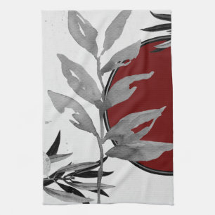 Linge De Cuisine Feuilles d'aquarelle moderne gris et bordeaux