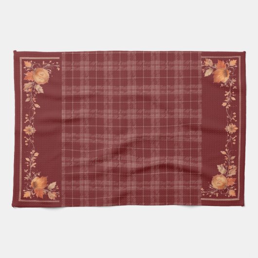 Linge De Cuisine Feuilles d'automne de Thanksgiving sur Red Plaid (Horizontal)