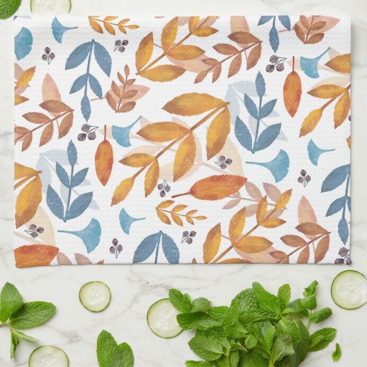 Linge De Cuisine Feuilles d'automne orange et bleu brûlés (Plié)