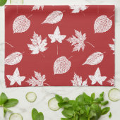Linge De Cuisine Feuilles d'automne - rouge profond et blanc  (Plié)