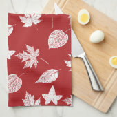 Linge De Cuisine Feuilles d'automne - rouge profond et blanc  (Quart Plié)