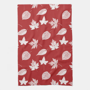 Linge De Cuisine Feuilles d'automne - rouge profond et blanc